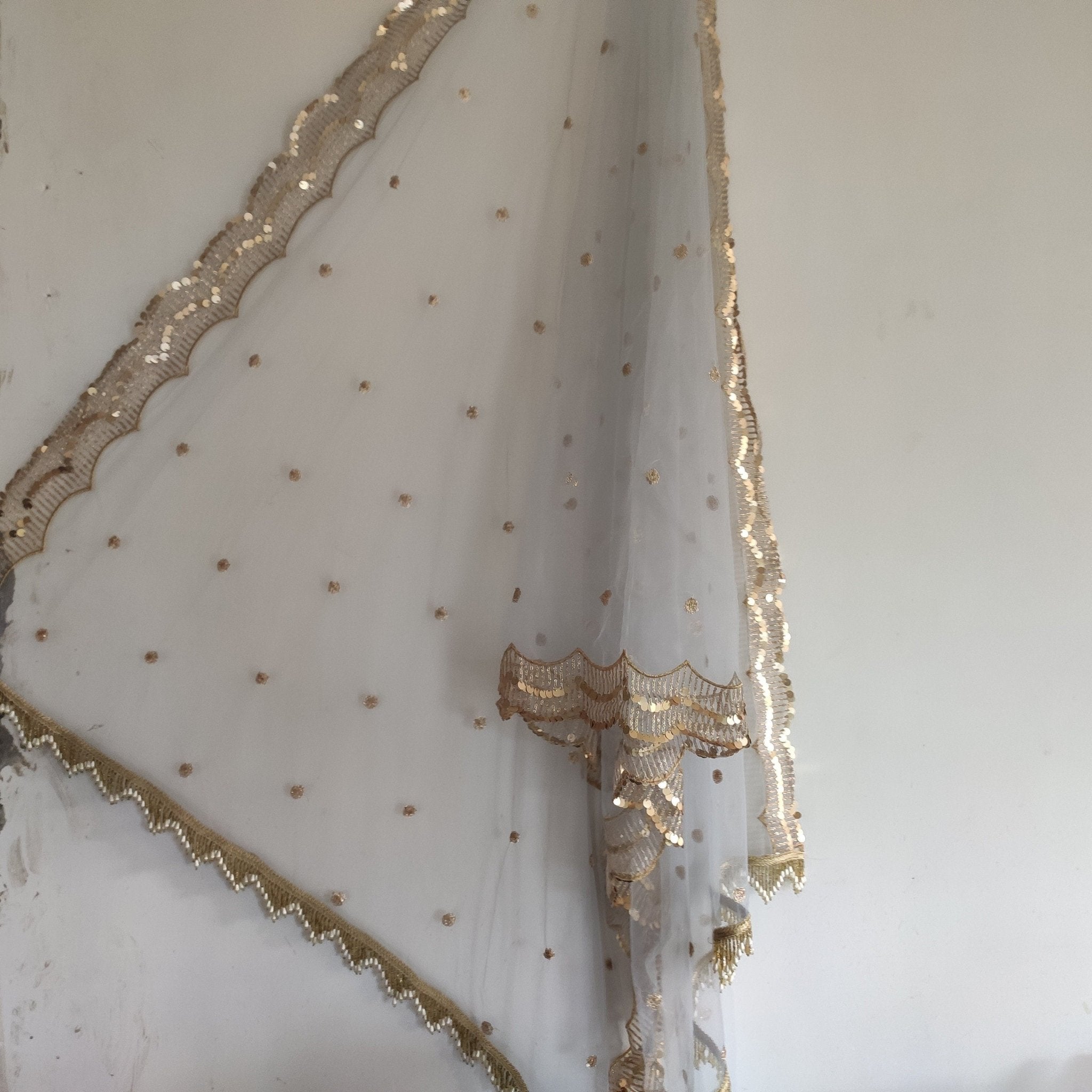 Grey Net dupatta with side scallop embroidery for women beaded border dupatta veil scarf - Neel Creations By Saanvi