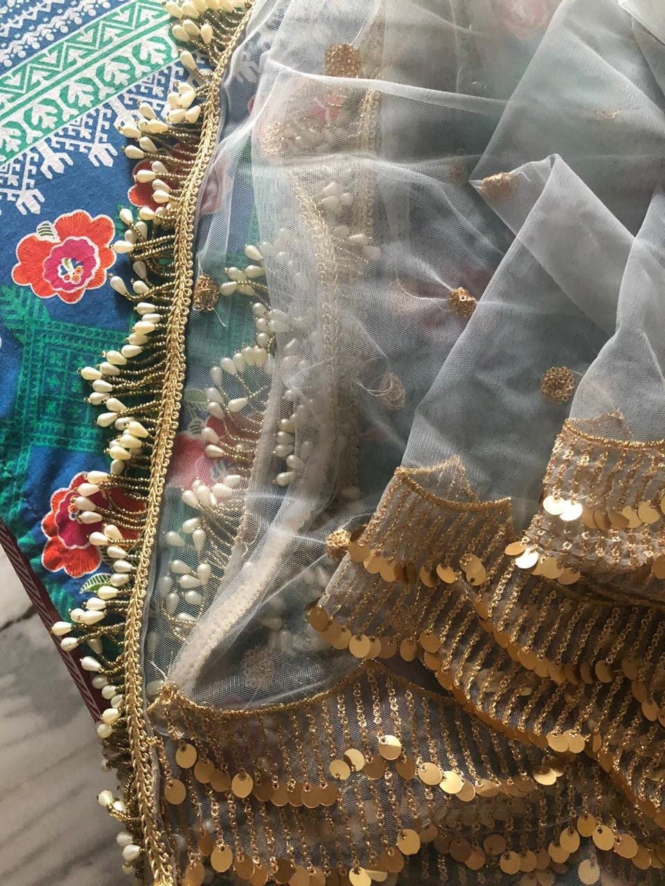 Grey Net dupatta with side scallop embroidery for women beaded border dupatta veil scarf - Neel Creations By Saanvi