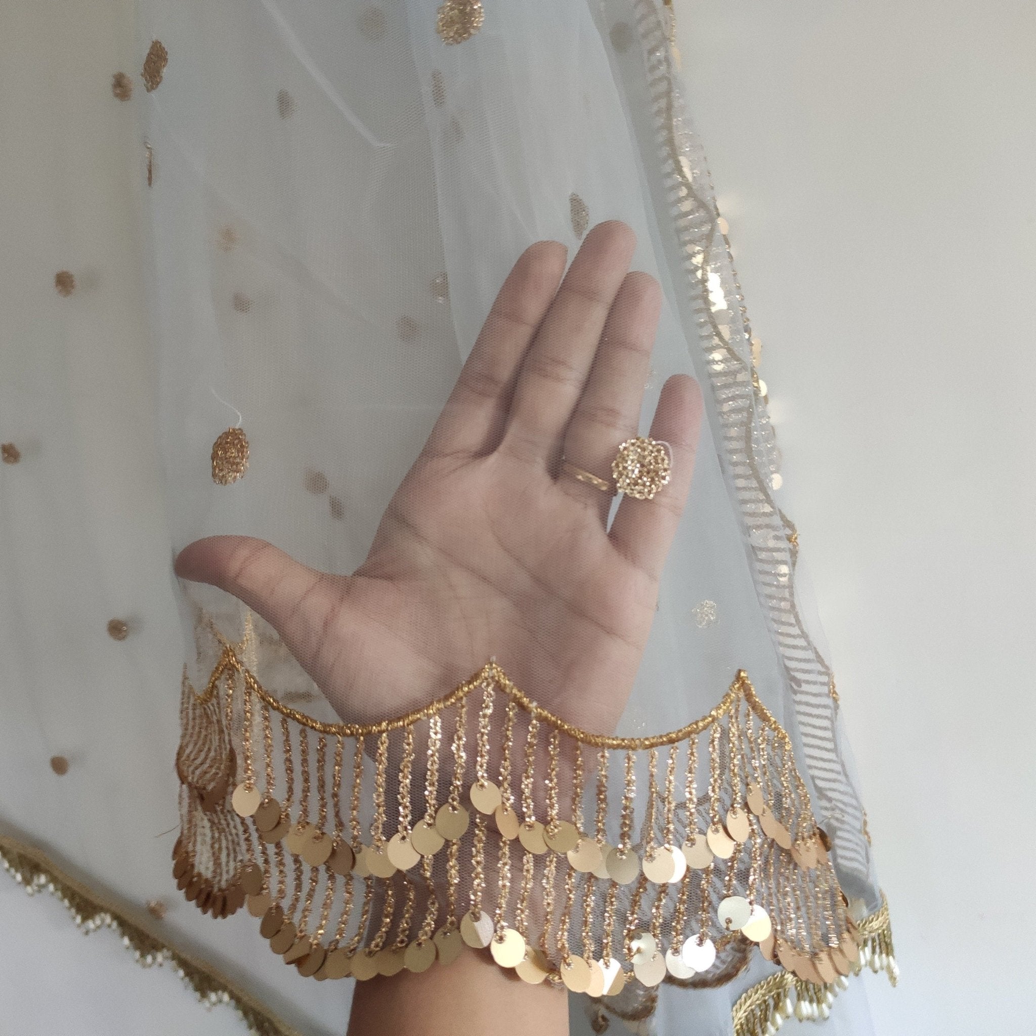 Grey Net dupatta with side scallop embroidery for women beaded border dupatta veil scarf - Neel Creations By Saanvi