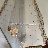 Grey Net dupatta with side scallop embroidery for women beaded border dupatta veil scarf - Neel Creations By Saanvi