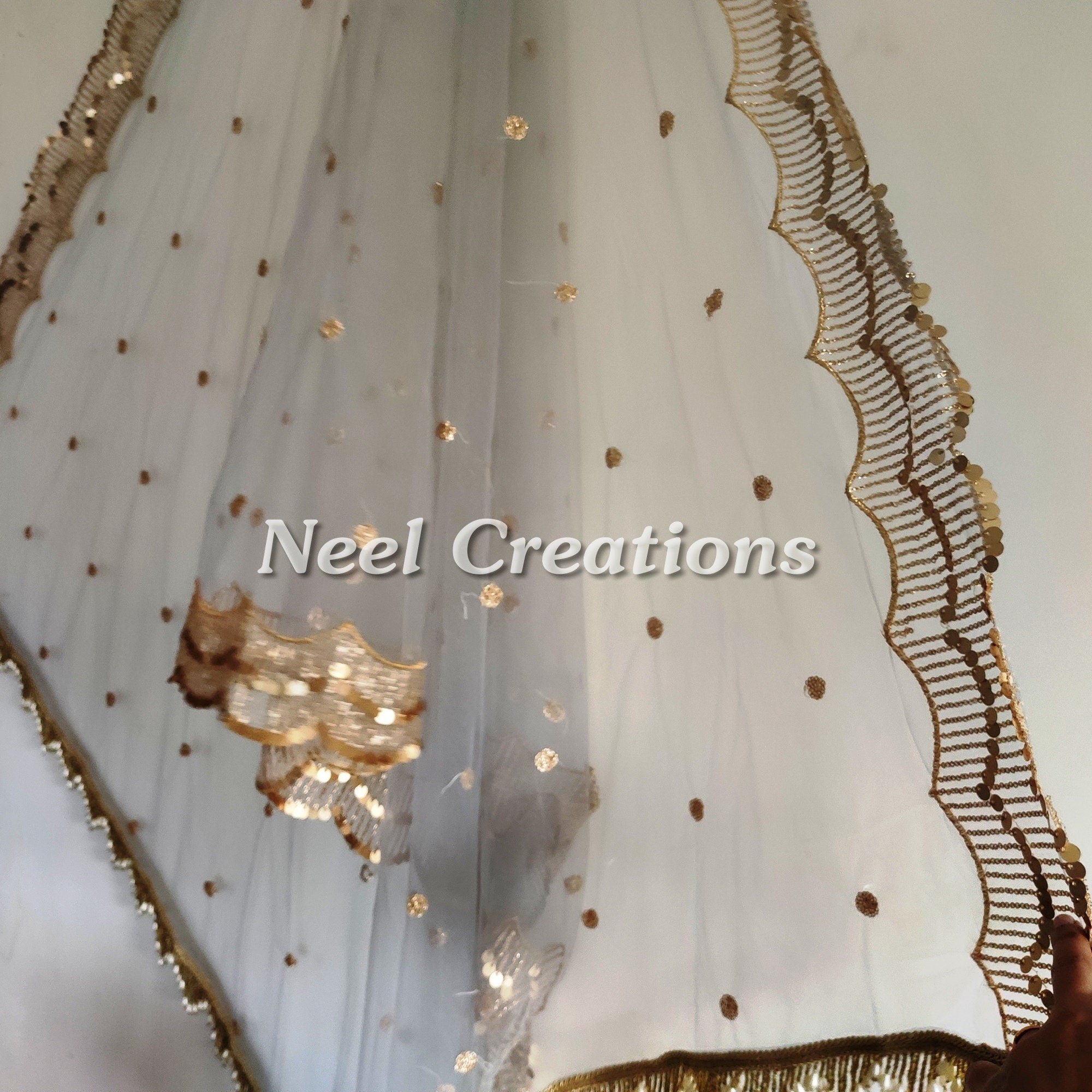 Grey Net dupatta with side scallop embroidery for women beaded border dupatta veil scarf - Neel Creations By Saanvi