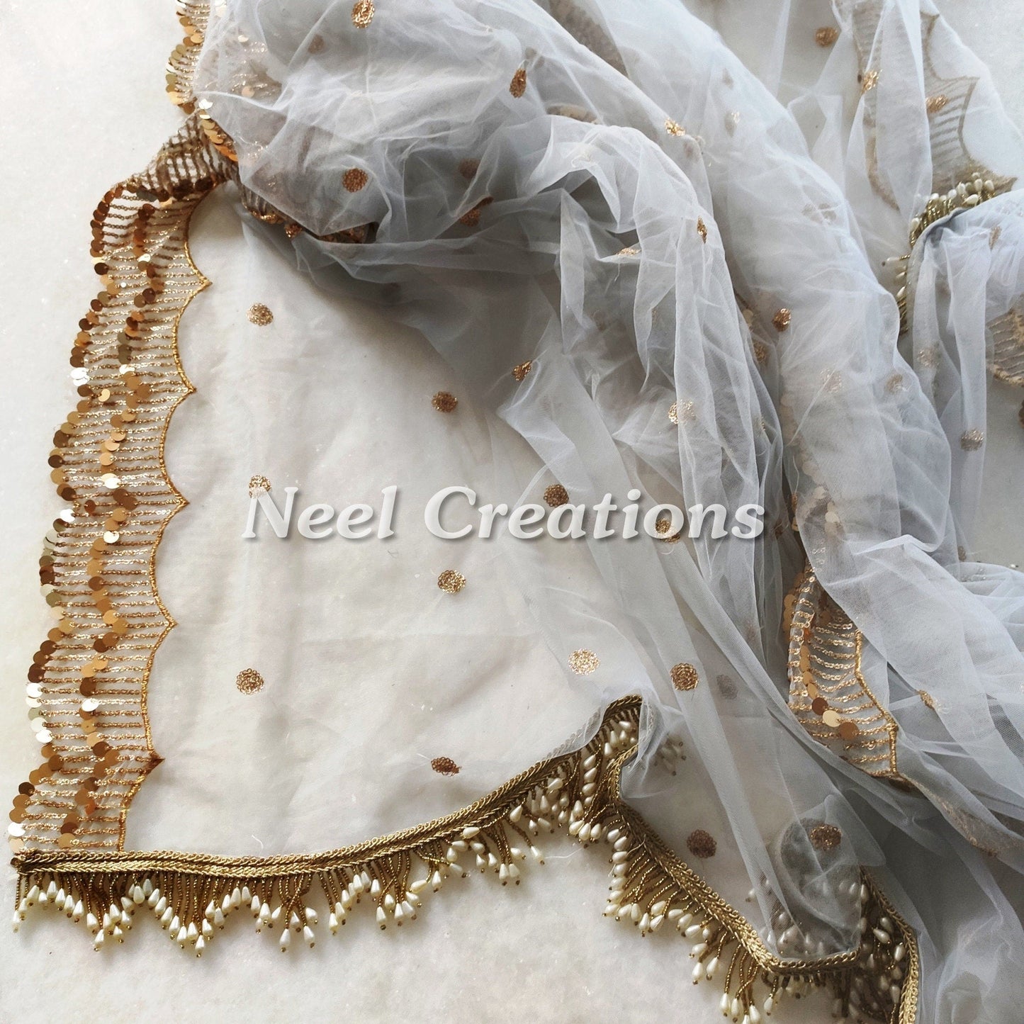 Grey Net dupatta with side scallop embroidery for women beaded border dupatta veil scarf - Neel Creations By Saanvi