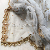 Grey Net dupatta with side scallop embroidery for women beaded border dupatta veil scarf - Neel Creations By Saanvi
