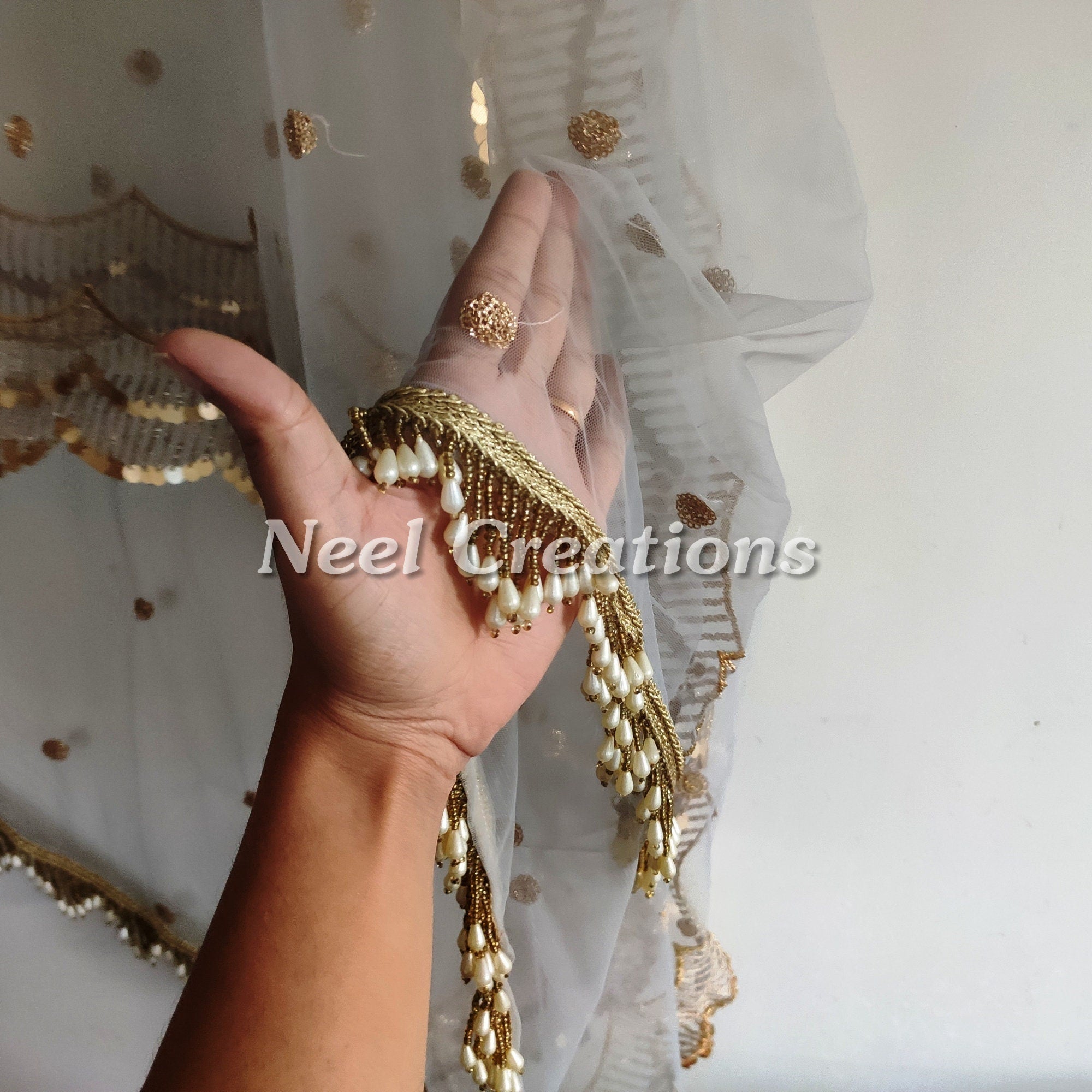 Grey Net dupatta with side scallop embroidery for women beaded border dupatta veil scarf - Neel Creations By Saanvi