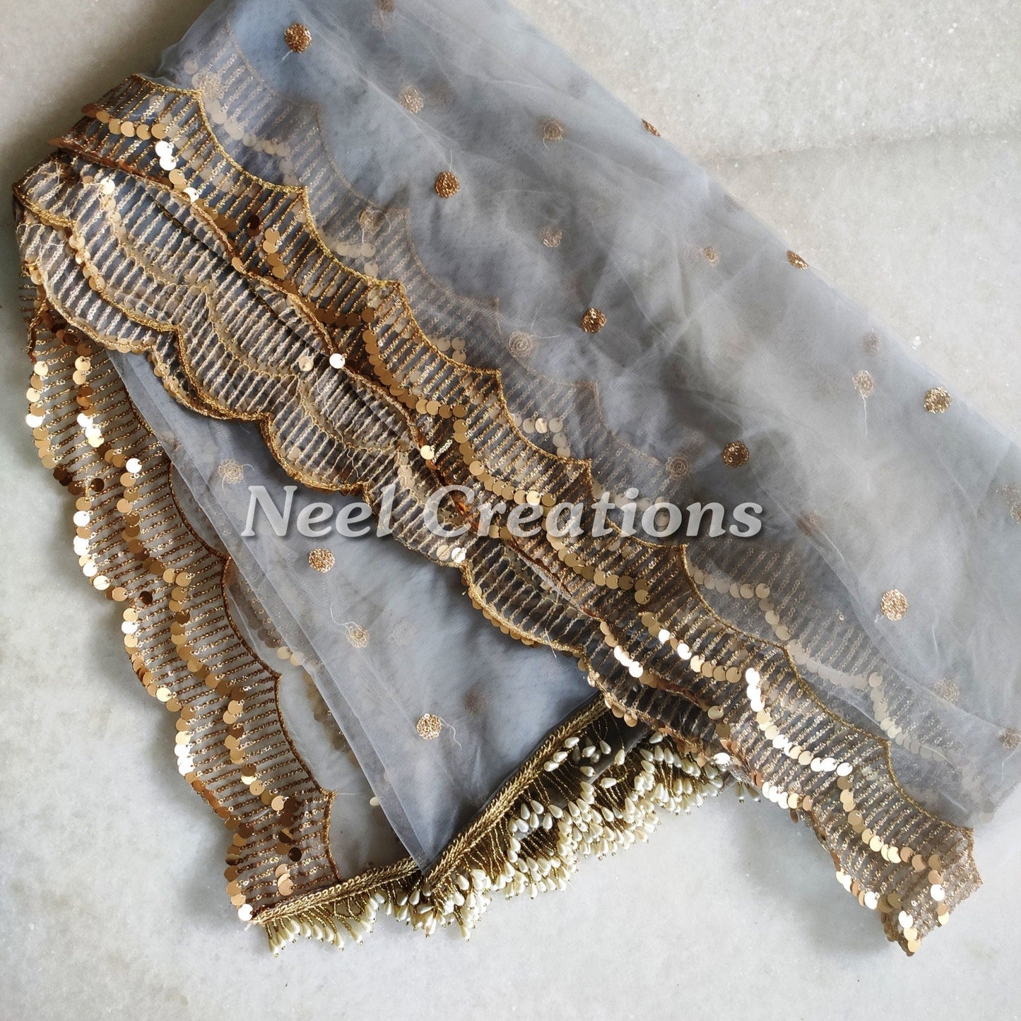 Grey Net dupatta with side scallop embroidery for women beaded border dupatta veil scarf - Neel Creations By Saanvi