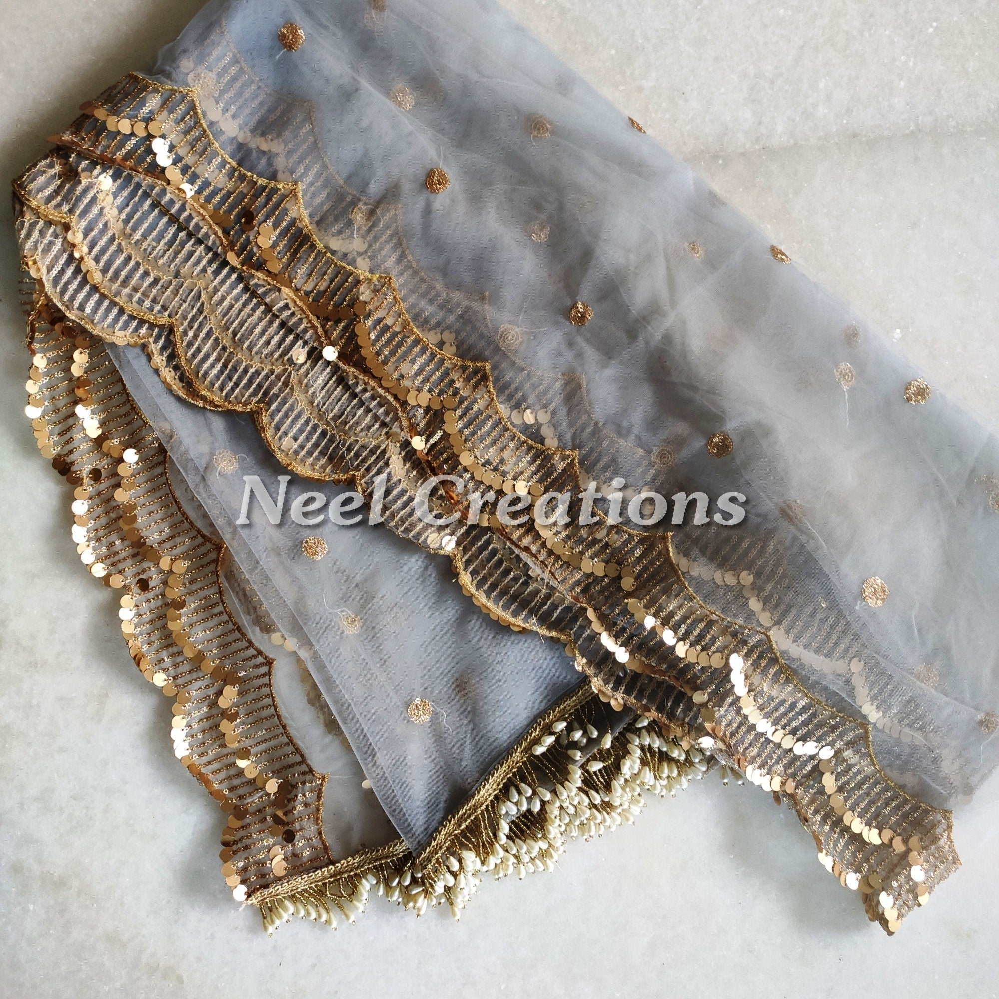 Grey Net dupatta with side scallop embroidery for women beaded border dupatta veil scarf - Neel Creations By Saanvi