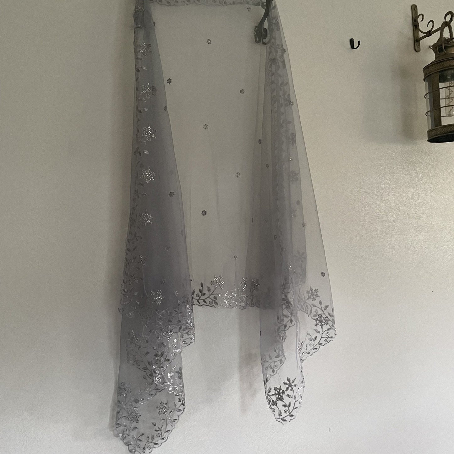 Grey Silver Dupatta with beaded silver border. Grey Indian dupatta. Net dupatta, Designer bridal dupatta for women. - Neel Creations By Saanvi