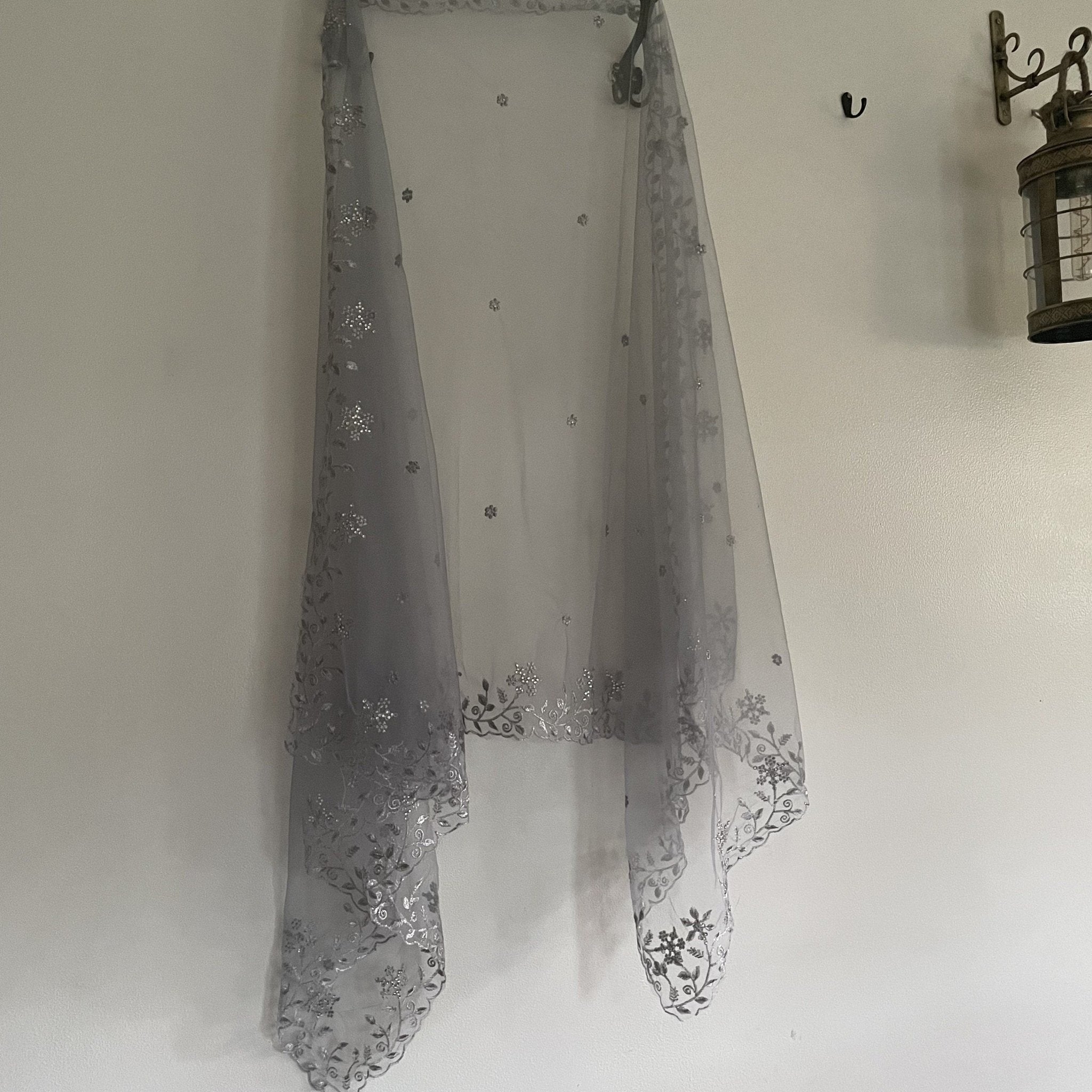 Grey Silver Dupatta with beaded silver border. Grey Indian dupatta. Net dupatta, Designer bridal dupatta for women. - Neel Creations By Saanvi
