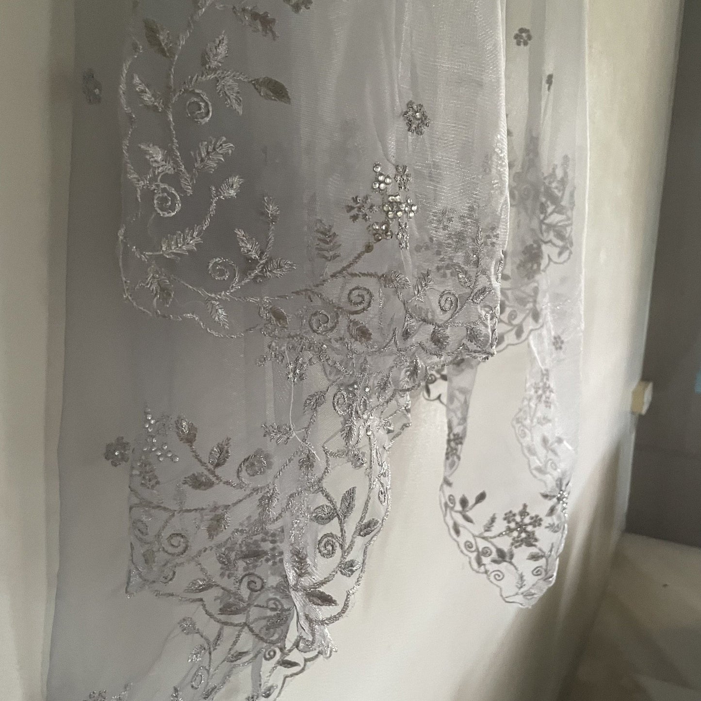 Grey Silver Dupatta with beaded silver border. Grey Indian dupatta. Net dupatta, Designer bridal dupatta for women. - Neel Creations By Saanvi