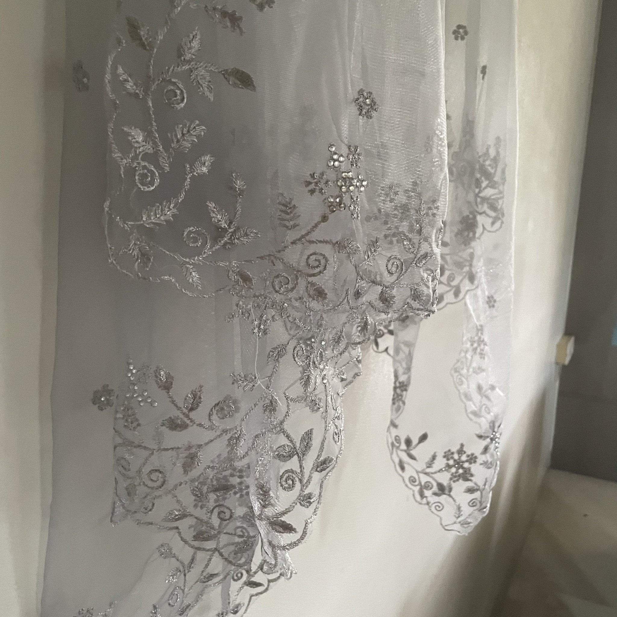 Grey Silver Dupatta with beaded silver border. Grey Indian dupatta. Net dupatta, Designer bridal dupatta for women. - Neel Creations By Saanvi