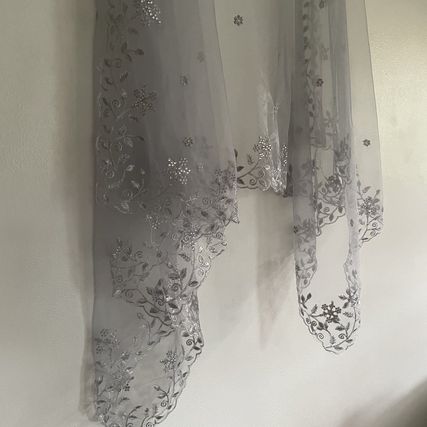 Grey Silver Dupatta with beaded silver border. Grey Indian dupatta. Net dupatta, Designer bridal dupatta for women. - Neel Creations By Saanvi