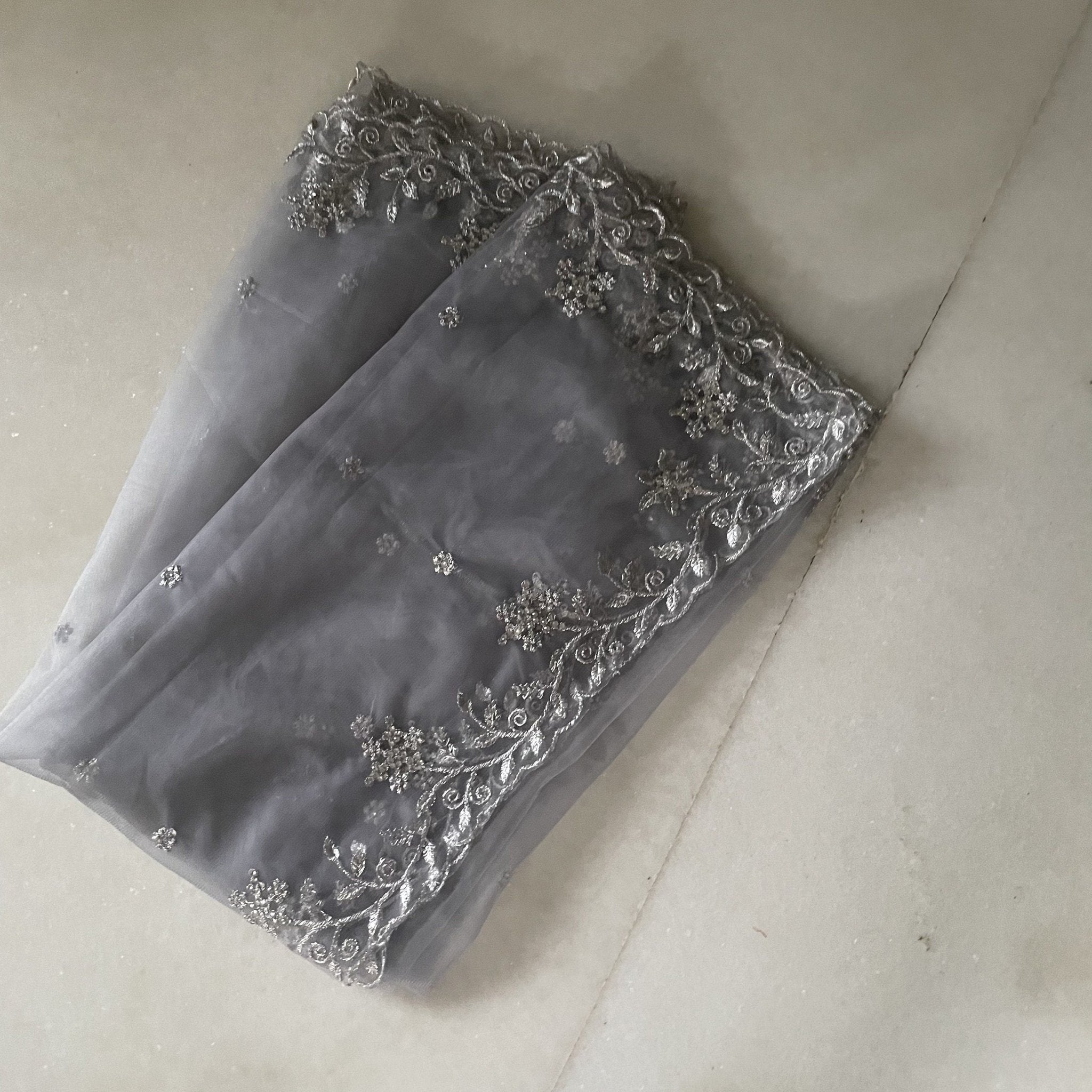 Grey Silver Dupatta with beaded silver border. Grey Indian dupatta. Net dupatta, Designer bridal dupatta for women. - Neel Creations By Saanvi