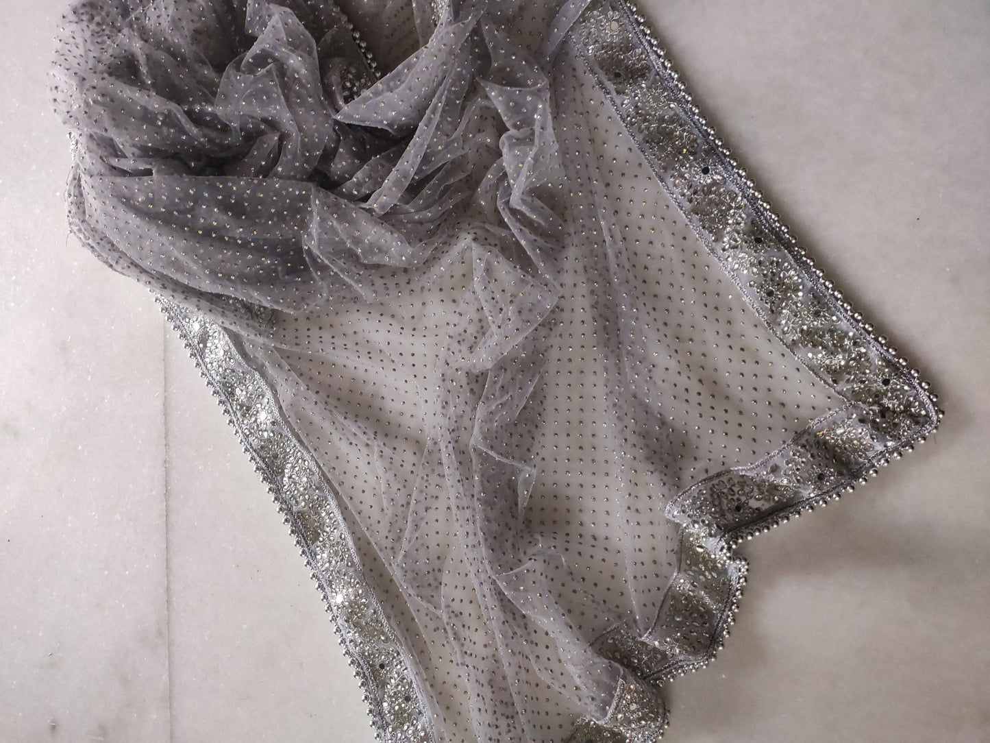 Grey Silver Dupatta with glitter dots. Mirror border dupatta - Grey Indian Net dupatta - Designer bridal veil for women. Beaded border. - Neel Creations By Saanvi