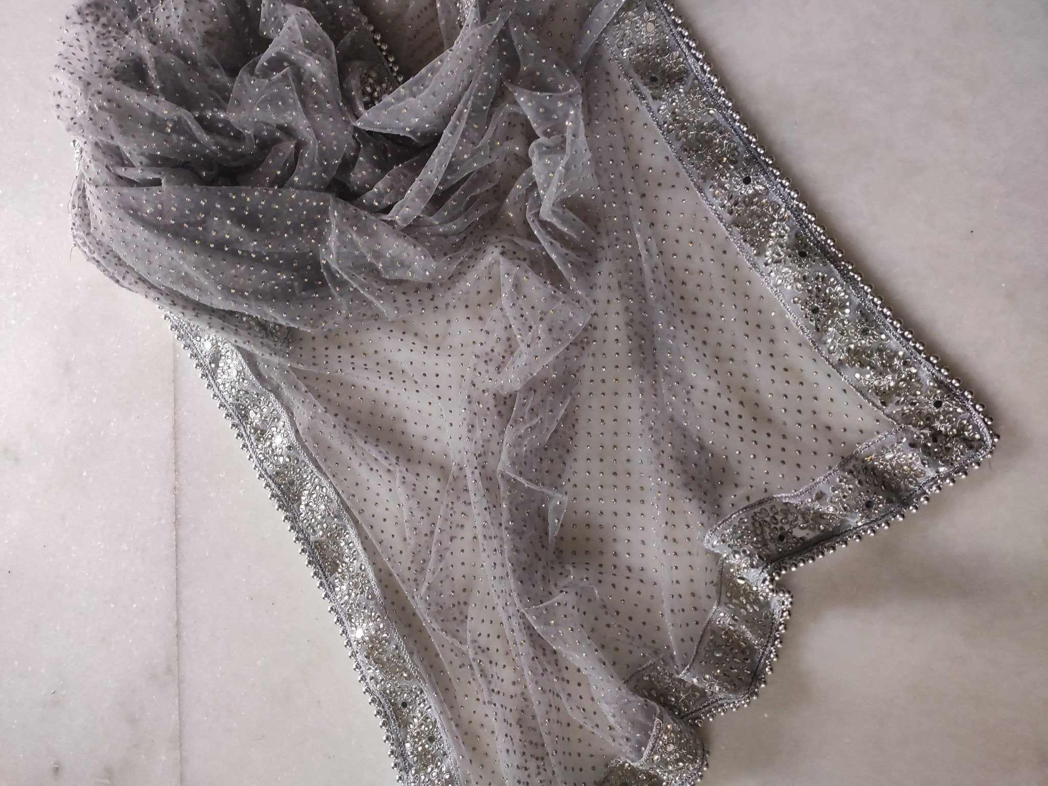 Grey Silver Dupatta with glitter dots. Mirror border dupatta - Grey Indian Net dupatta - Designer bridal veil for women. Beaded border. - Neel Creations By Saanvi