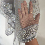 Grey Silver Dupatta with glitter dots. Mirror border dupatta - Grey Indian Net dupatta - Designer bridal veil for women. Beaded border. - Neel Creations By Saanvi