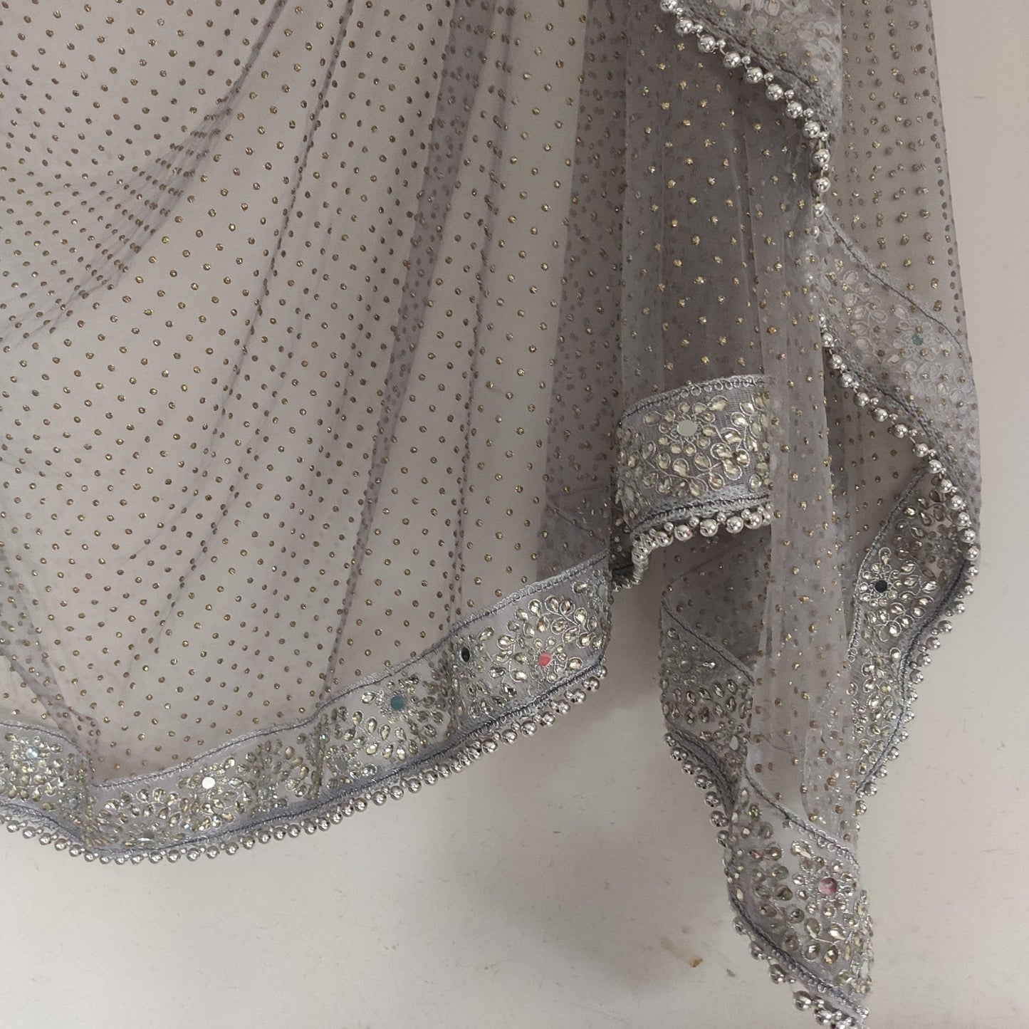 Grey Silver Dupatta with glitter dots. Mirror border dupatta - Grey Indian Net dupatta - Designer bridal veil for women. Beaded border. - Neel Creations By Saanvi