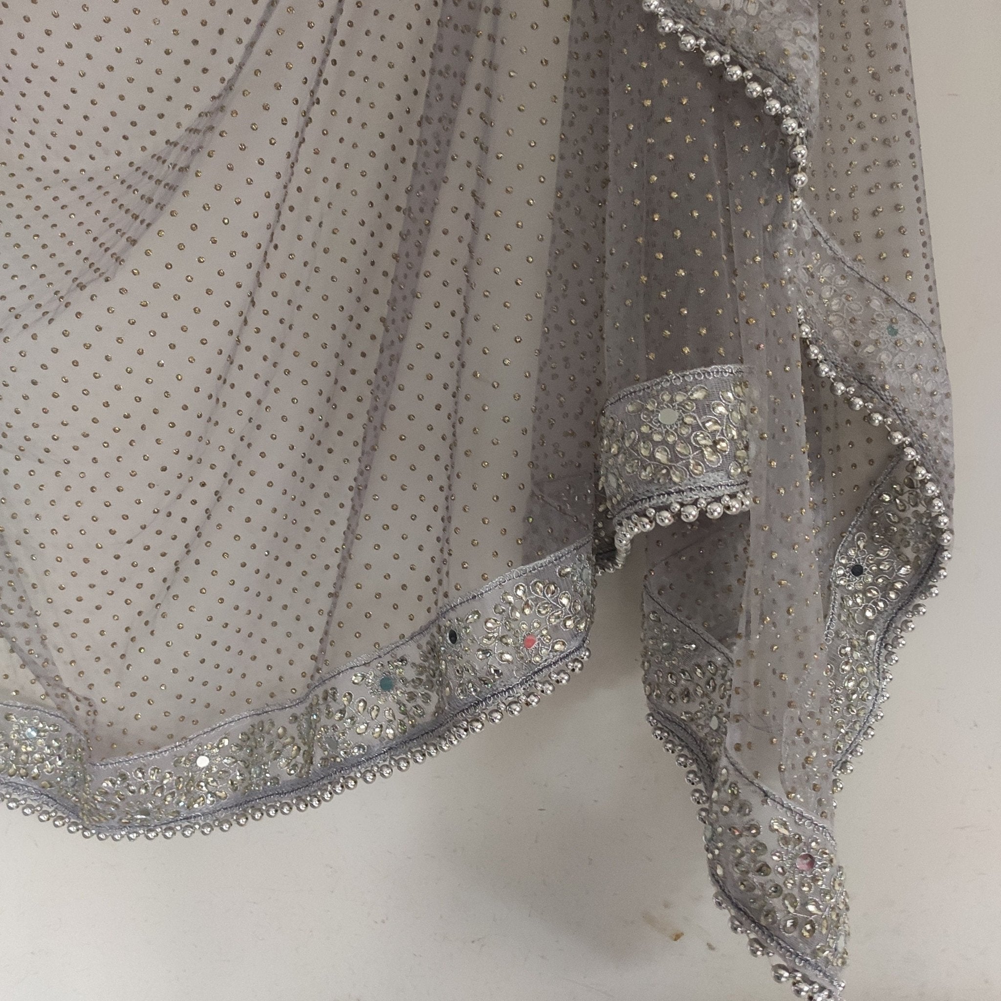 Grey Silver Dupatta with glitter dots. Mirror border dupatta - Grey Indian Net dupatta - Designer bridal veil for women. Beaded border. - Neel Creations By Saanvi