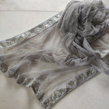 Grey Silver Dupatta with glitter dots. Mirror border dupatta - Grey Indian Net dupatta - Designer bridal veil for women. Beaded border. - Neel Creations By Saanvi