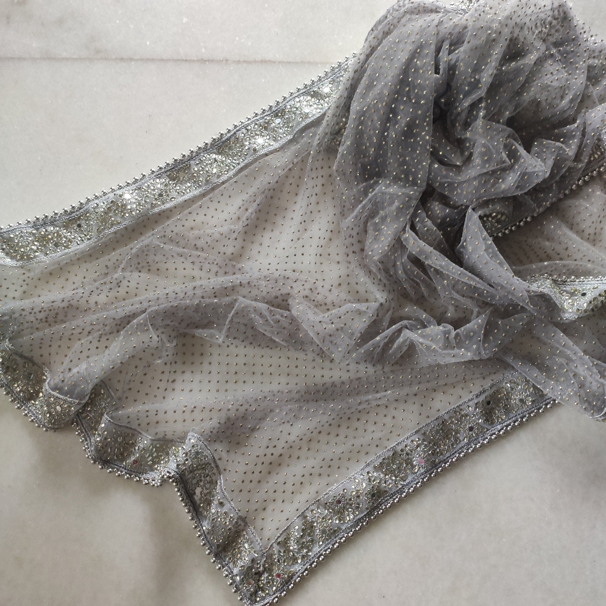 Grey Silver Dupatta with glitter dots. Mirror border dupatta - Grey Indian Net dupatta - Designer bridal veil for women. Beaded border. - Neel Creations By Saanvi