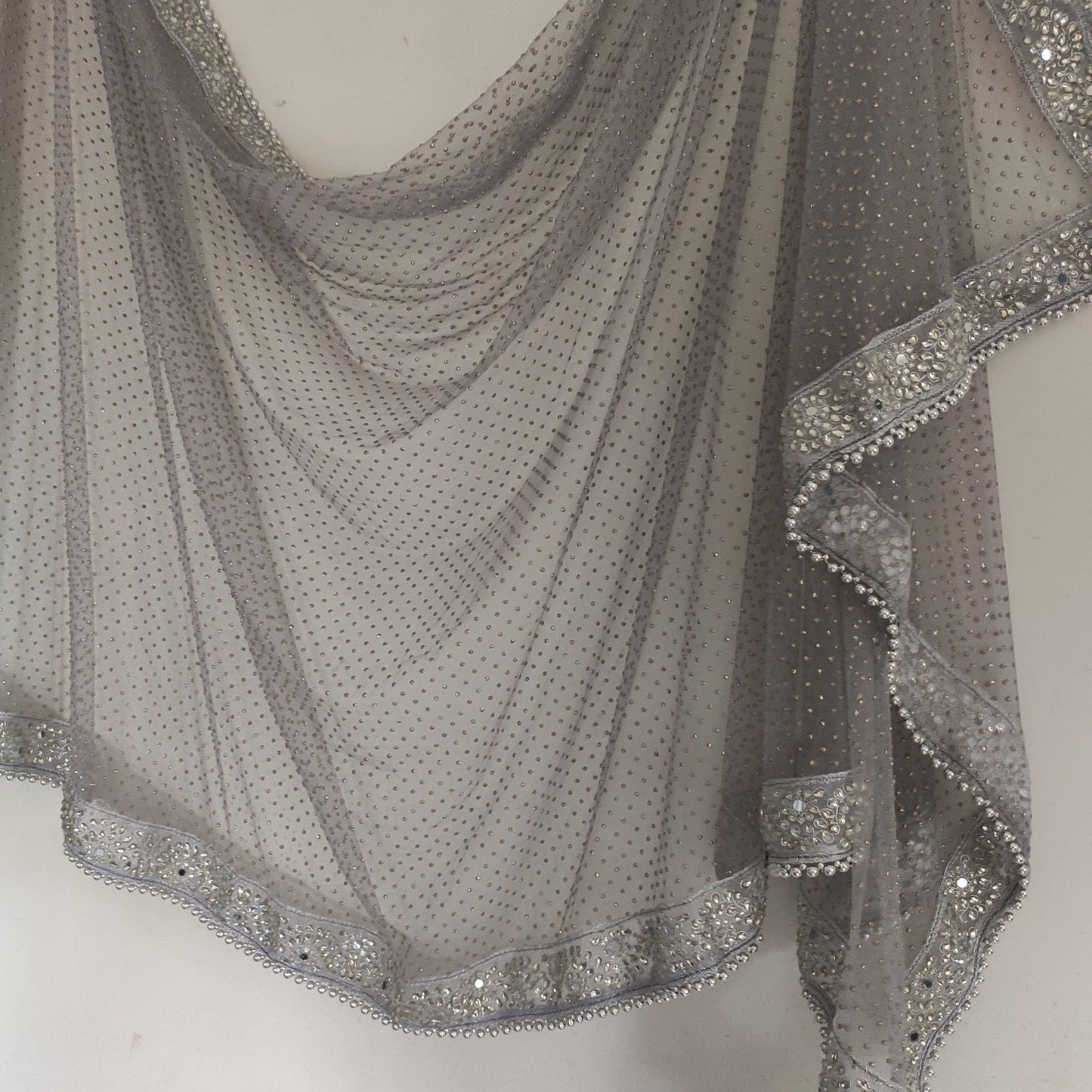 Grey Silver Dupatta with glitter dots. Mirror border dupatta - Grey Indian Net dupatta - Designer bridal veil for women. Beaded border. - Neel Creations By Saanvi