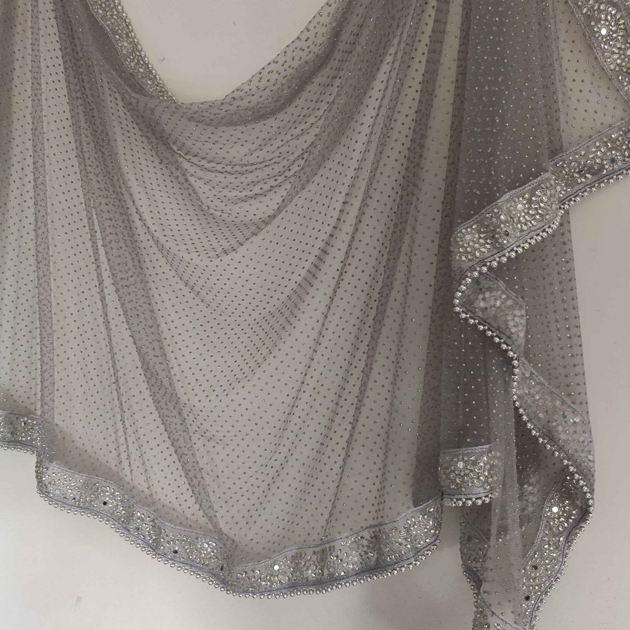 Grey Silver Dupatta with glitter dots. Mirror border dupatta - Grey Indian Net dupatta - Designer bridal veil for women. Beaded border. - Neel Creations By Saanvi