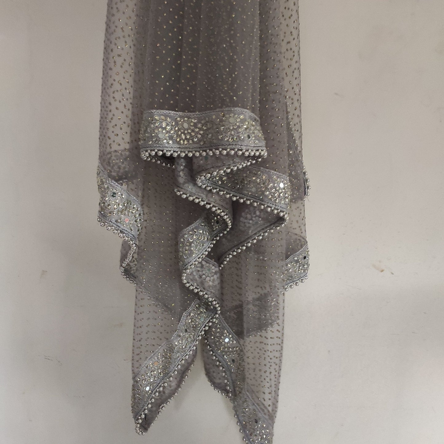 Grey Silver Dupatta with glitter dots. Mirror border dupatta - Grey Indian Net dupatta - Designer bridal veil for women. Beaded border. - Neel Creations By Saanvi