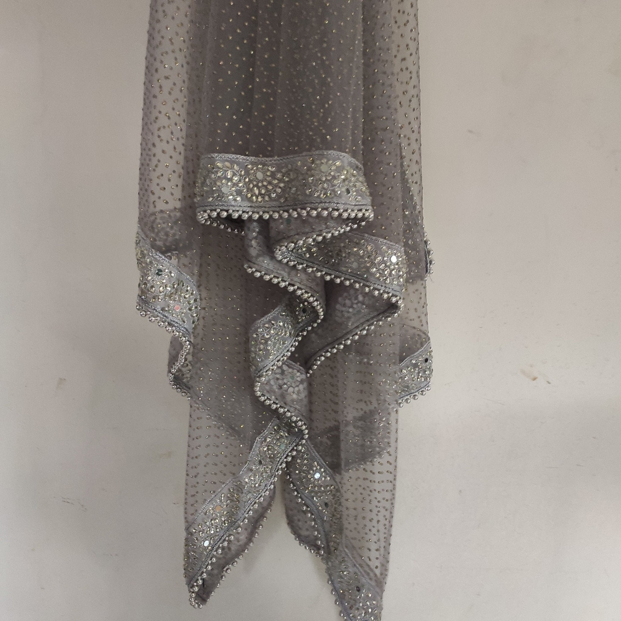 Grey Silver Dupatta with glitter dots. Mirror border dupatta - Grey Indian Net dupatta - Designer bridal veil for women. Beaded border. - Neel Creations By Saanvi