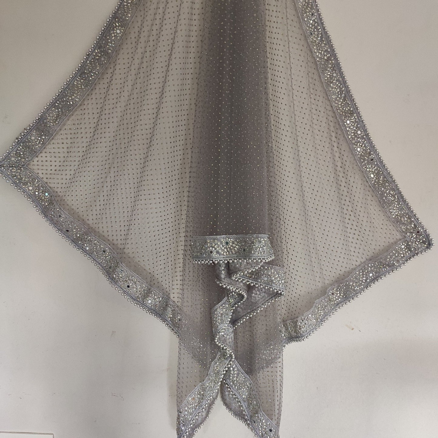 Grey Silver Dupatta with glitter dots. Mirror border dupatta - Grey Indian Net dupatta - Designer bridal veil for women. Beaded border. - Neel Creations By Saanvi