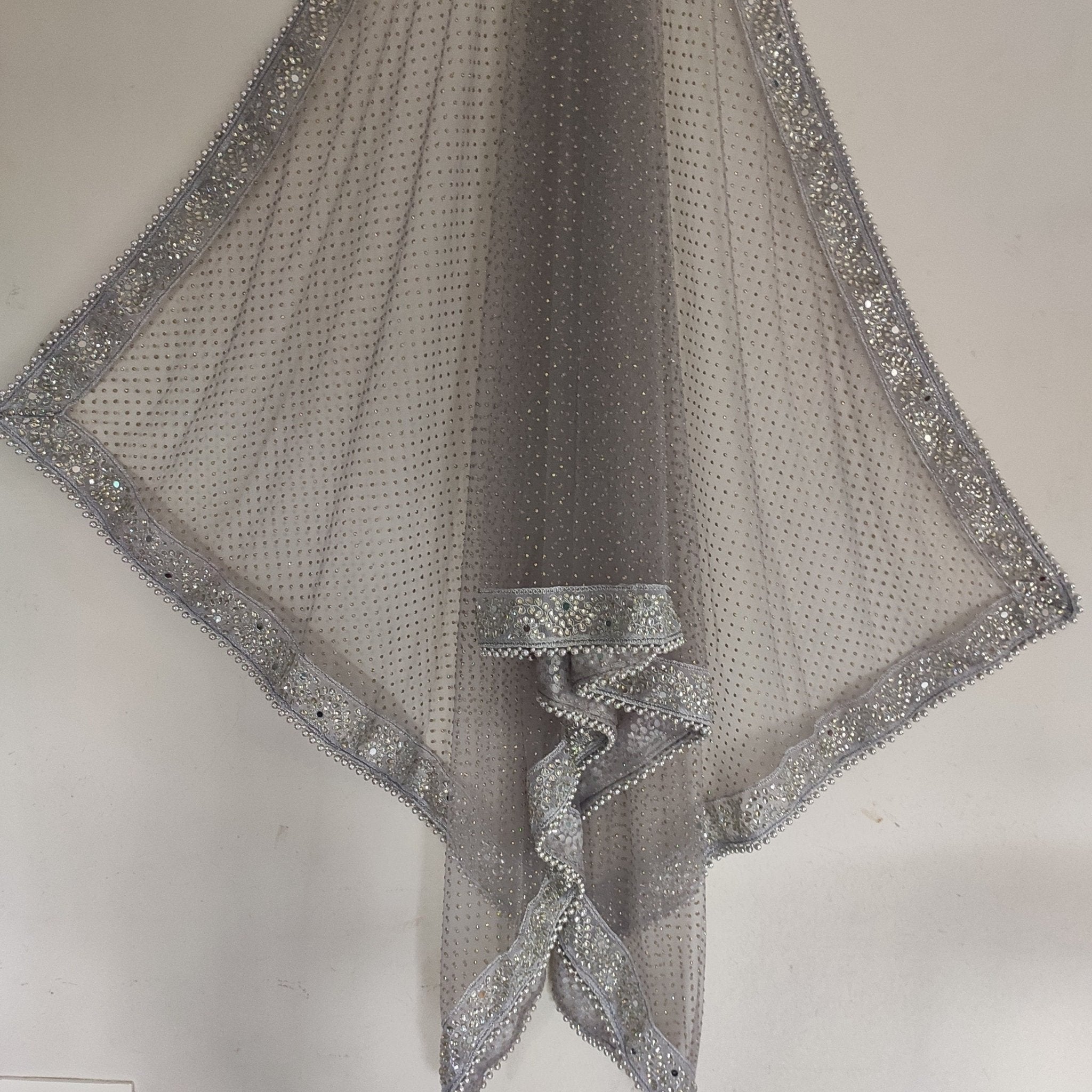 Grey Silver Dupatta with glitter dots. Mirror border dupatta - Grey Indian Net dupatta - Designer bridal veil for women. Beaded border. - Neel Creations By Saanvi