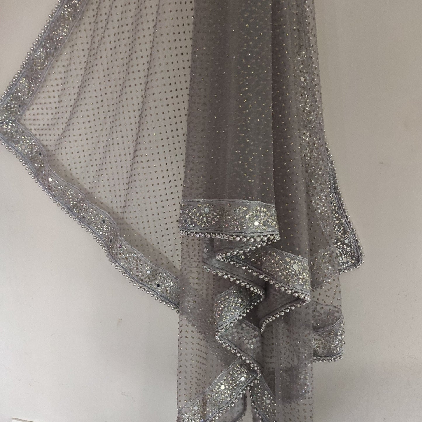 Grey Silver Dupatta with glitter dots. Mirror border dupatta - Grey Indian Net dupatta - Designer bridal veil for women. Beaded border. - Neel Creations By Saanvi