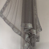 Grey Silver Dupatta with glitter dots. Mirror border dupatta - Grey Indian Net dupatta - Designer bridal veil for women. Beaded border. - Neel Creations By Saanvi