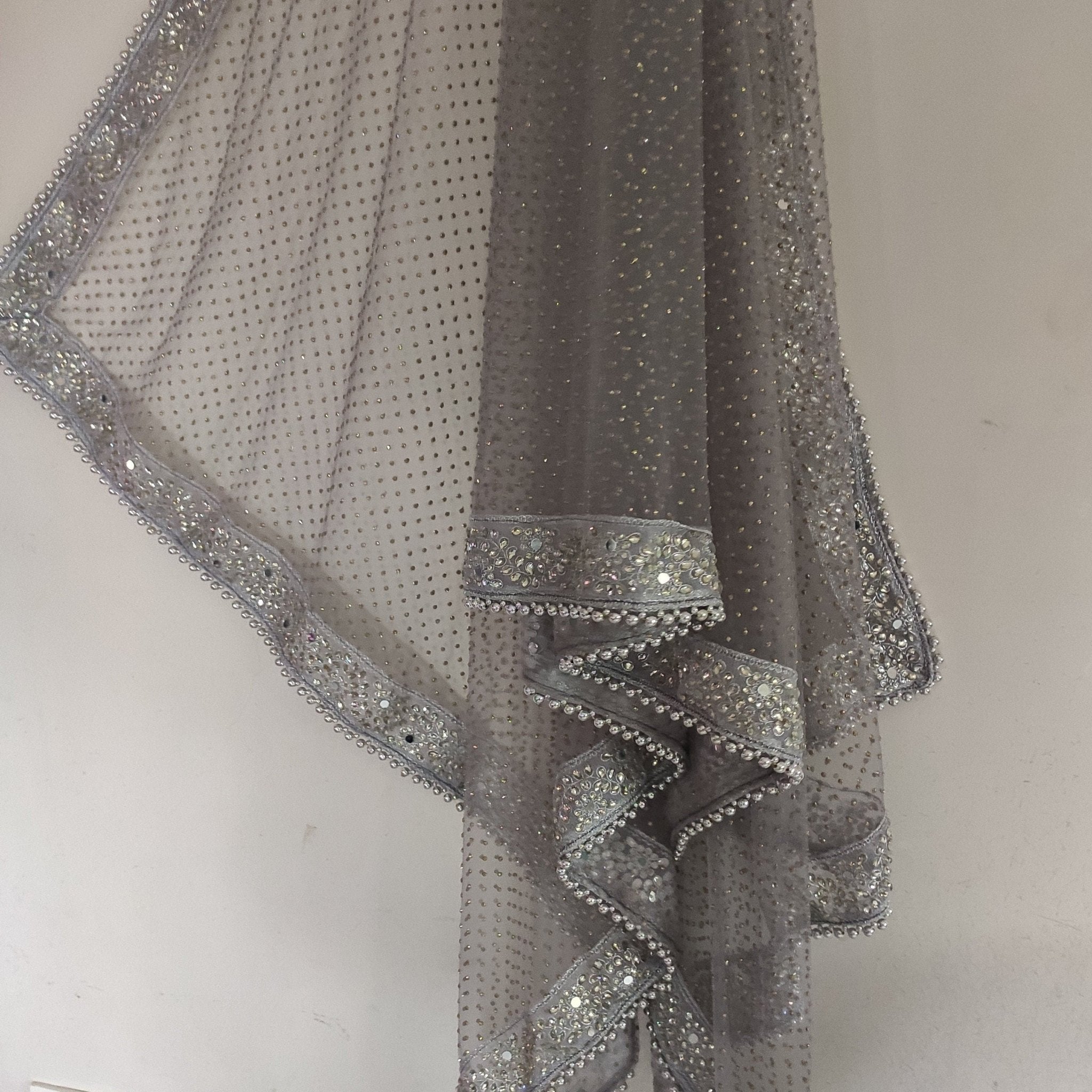 Grey Silver Dupatta with glitter dots. Mirror border dupatta - Grey Indian Net dupatta - Designer bridal veil for women. Beaded border. - Neel Creations By Saanvi