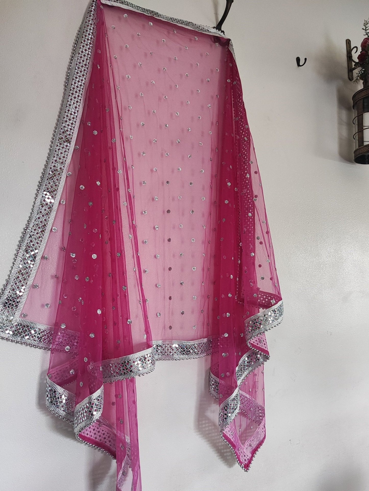 Hot pink Silver Dupatta Mirror border dupatta - fuchsia Indian Net dupatta - Designer bridal wedding veil for women. Beaded border. - Neel Creations By Saanvi