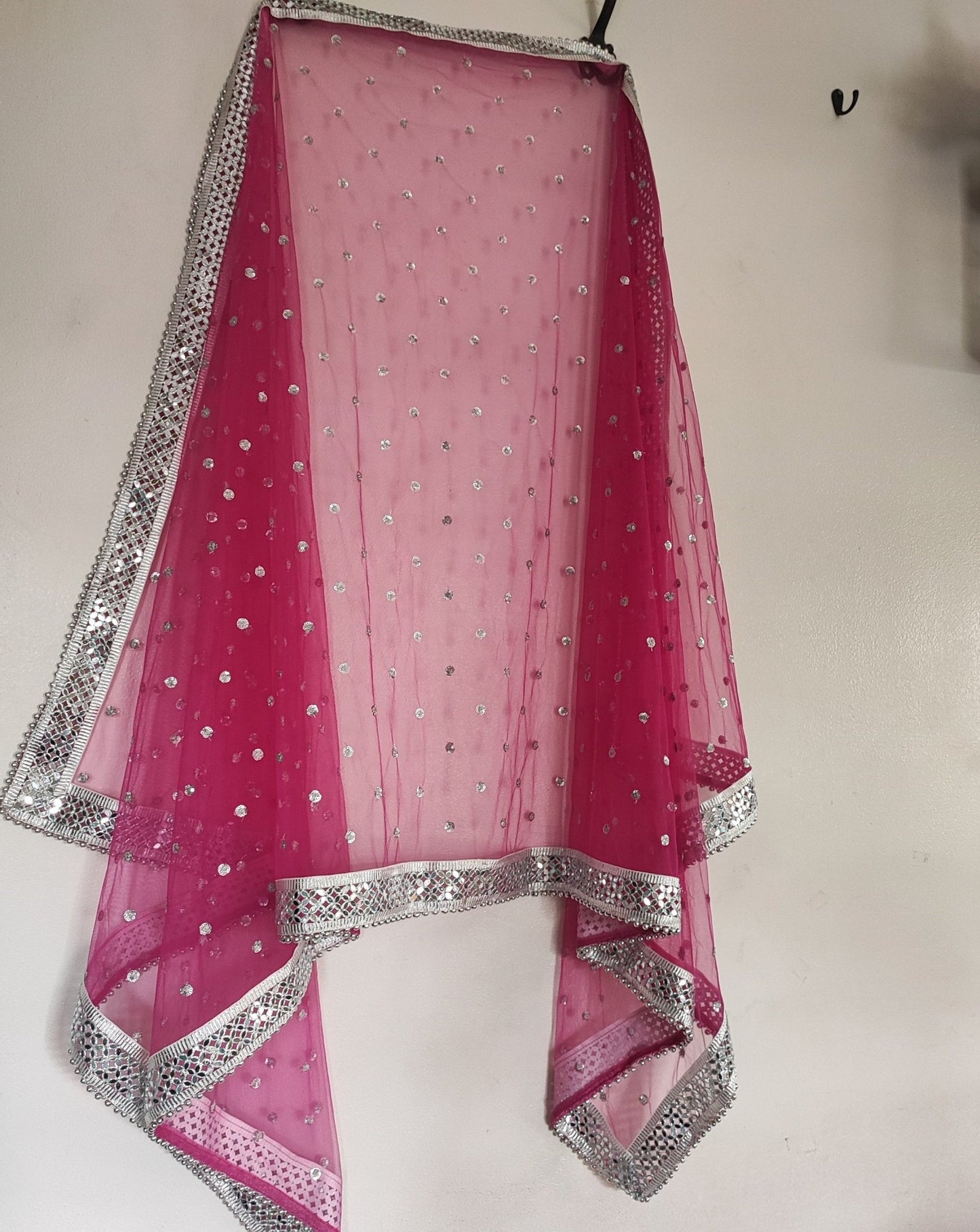 Hot pink Silver Dupatta Mirror border dupatta - fuchsia Indian Net dupatta - Designer bridal wedding veil for women. Beaded border. - Neel Creations By Saanvi