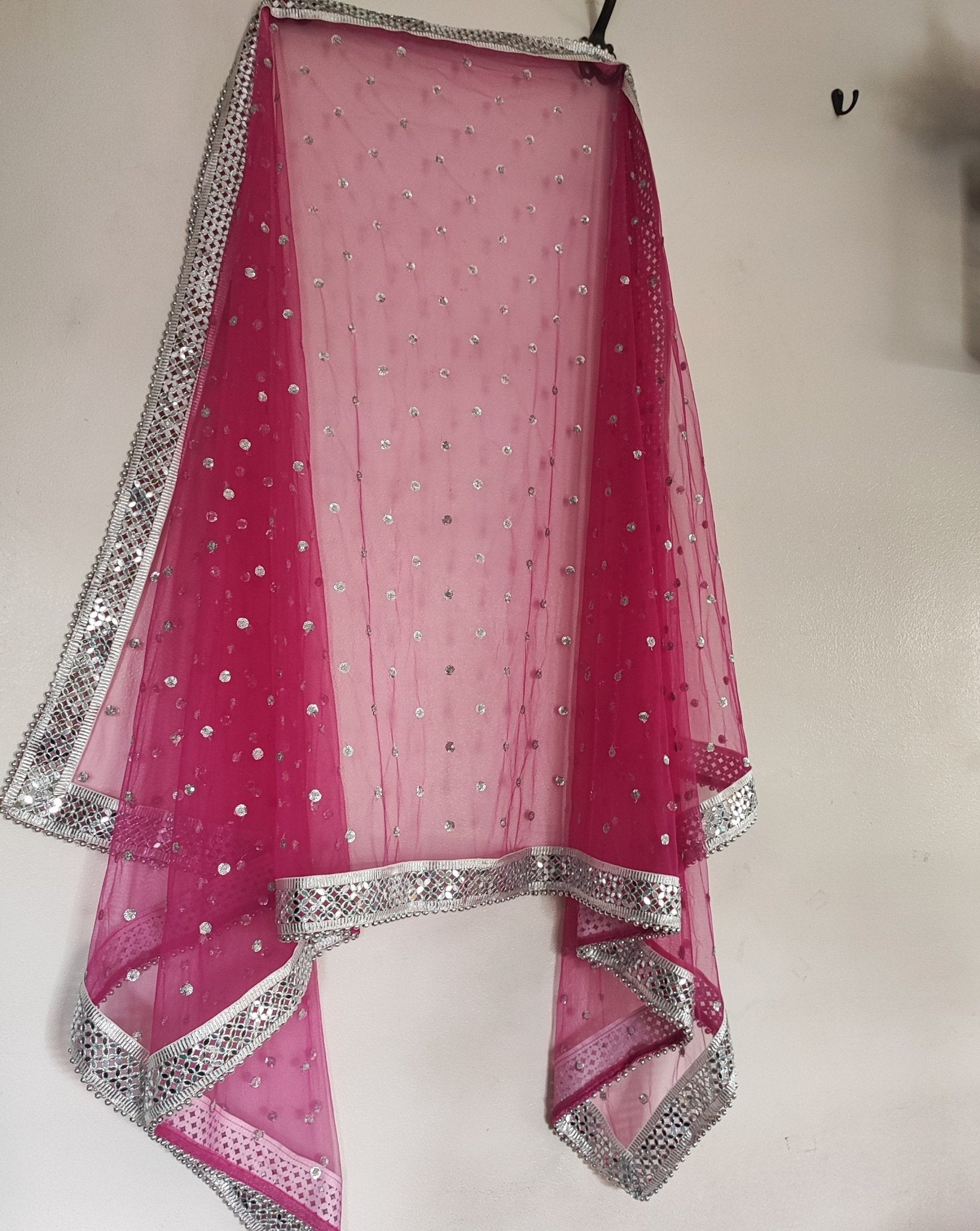 Hot pink Silver Dupatta Mirror border dupatta - fuchsia Indian Net dupatta - Designer bridal wedding veil for women. Beaded border. - Neel Creations By Saanvi