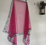 Hot pink Silver Dupatta Mirror border dupatta - fuchsia Indian Net dupatta - Designer bridal wedding veil for women. Beaded border. - Neel Creations By Saanvi