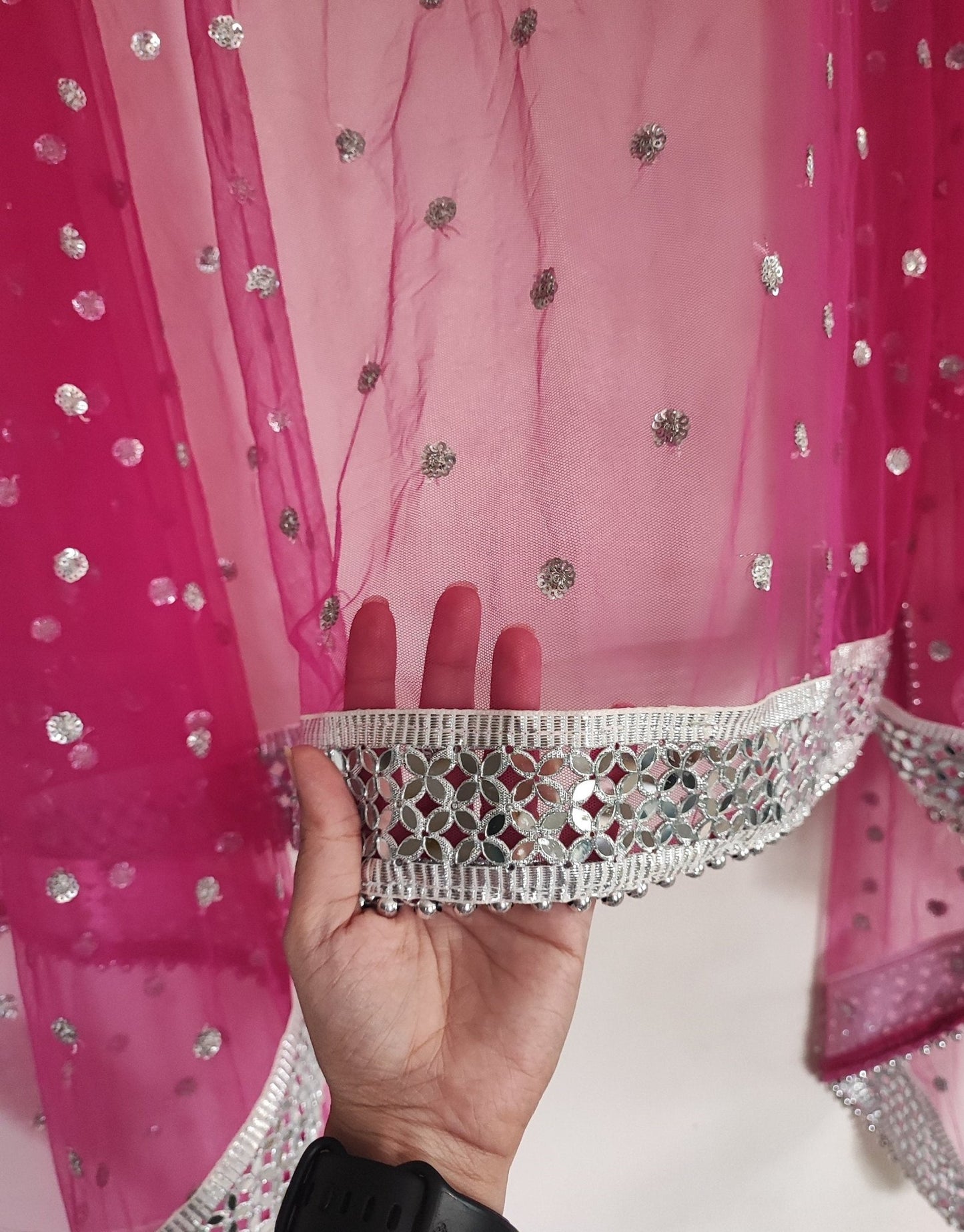 Hot pink Silver Dupatta Mirror border dupatta - fuchsia Indian Net dupatta - Designer bridal wedding veil for women. Beaded border. - Neel Creations By Saanvi