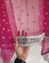 Hot pink Silver Dupatta Mirror border dupatta - fuchsia Indian Net dupatta - Designer bridal wedding veil for women. Beaded border. - Neel Creations By Saanvi