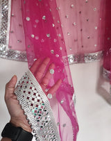 Hot pink Silver Dupatta Mirror border dupatta - fuchsia Indian Net dupatta - Designer bridal wedding veil for women. Beaded border. - Neel Creations By Saanvi