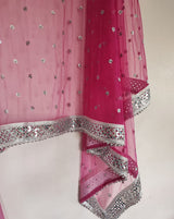 Hot pink Silver Dupatta Mirror border dupatta - fuchsia Indian Net dupatta - Designer bridal wedding veil for women. Beaded border. - Neel Creations By Saanvi