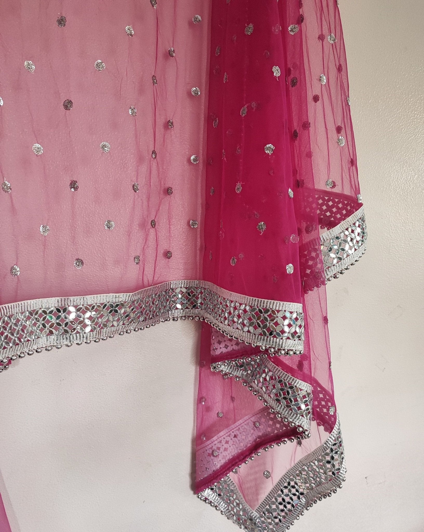 Hot pink Silver Dupatta Mirror border dupatta - fuchsia Indian Net dupatta - Designer bridal wedding veil for women. Beaded border. - Neel Creations By Saanvi