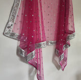 Hot pink Silver Dupatta Mirror border dupatta - fuchsia Indian Net dupatta - Designer bridal wedding veil for women. Beaded border. - Neel Creations By Saanvi