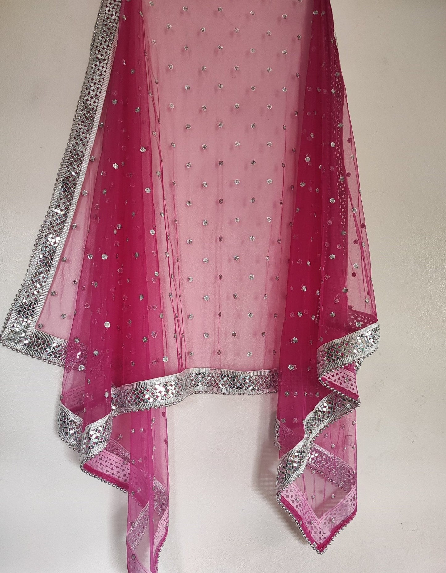 Hot pink Silver Dupatta Mirror border dupatta - fuchsia Indian Net dupatta - Designer bridal wedding veil for women. Beaded border. - Neel Creations By Saanvi