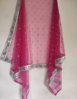 Hot pink Silver Dupatta Mirror border dupatta - fuchsia Indian Net dupatta - Designer bridal wedding veil for women. Beaded border. - Neel Creations By Saanvi