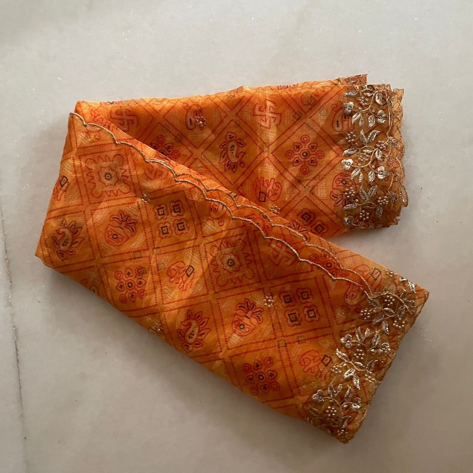 Indian dupatta printed bandhani organza sheer dupatta with beaded border embroidery scallop. - Neel Creations By Saanvi