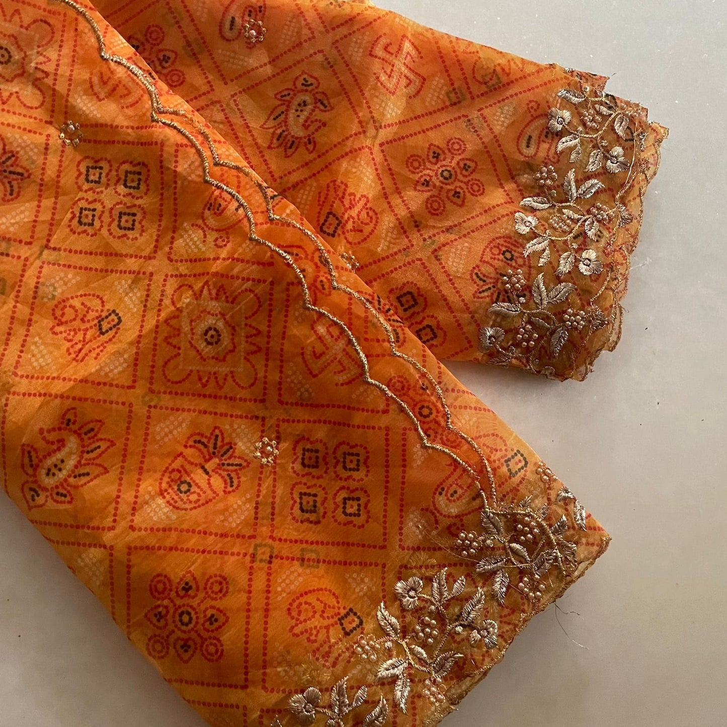 Indian dupatta printed bandhani organza sheer dupatta with beaded border embroidery scallop. - Neel Creations By Saanvi