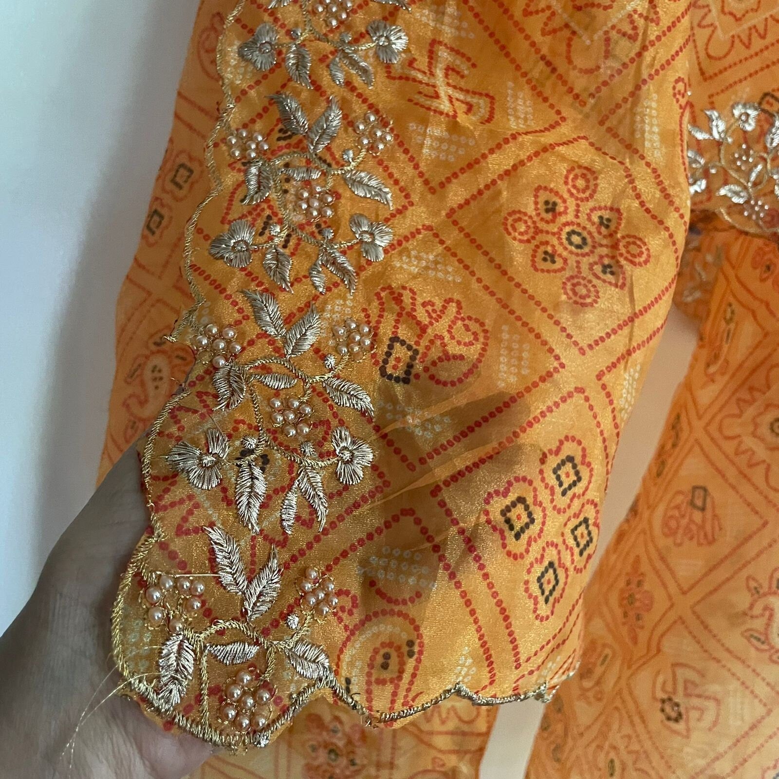Indian dupatta printed bandhani organza sheer dupatta with beaded border embroidery scallop. - Neel Creations By Saanvi