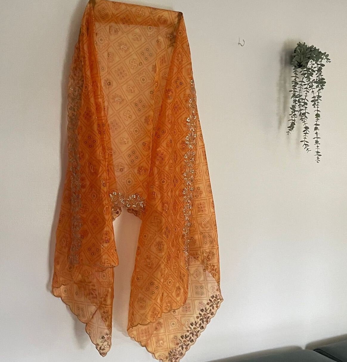 Indian dupatta printed bandhani organza sheer dupatta with beaded border embroidery scallop. - Neel Creations By Saanvi
