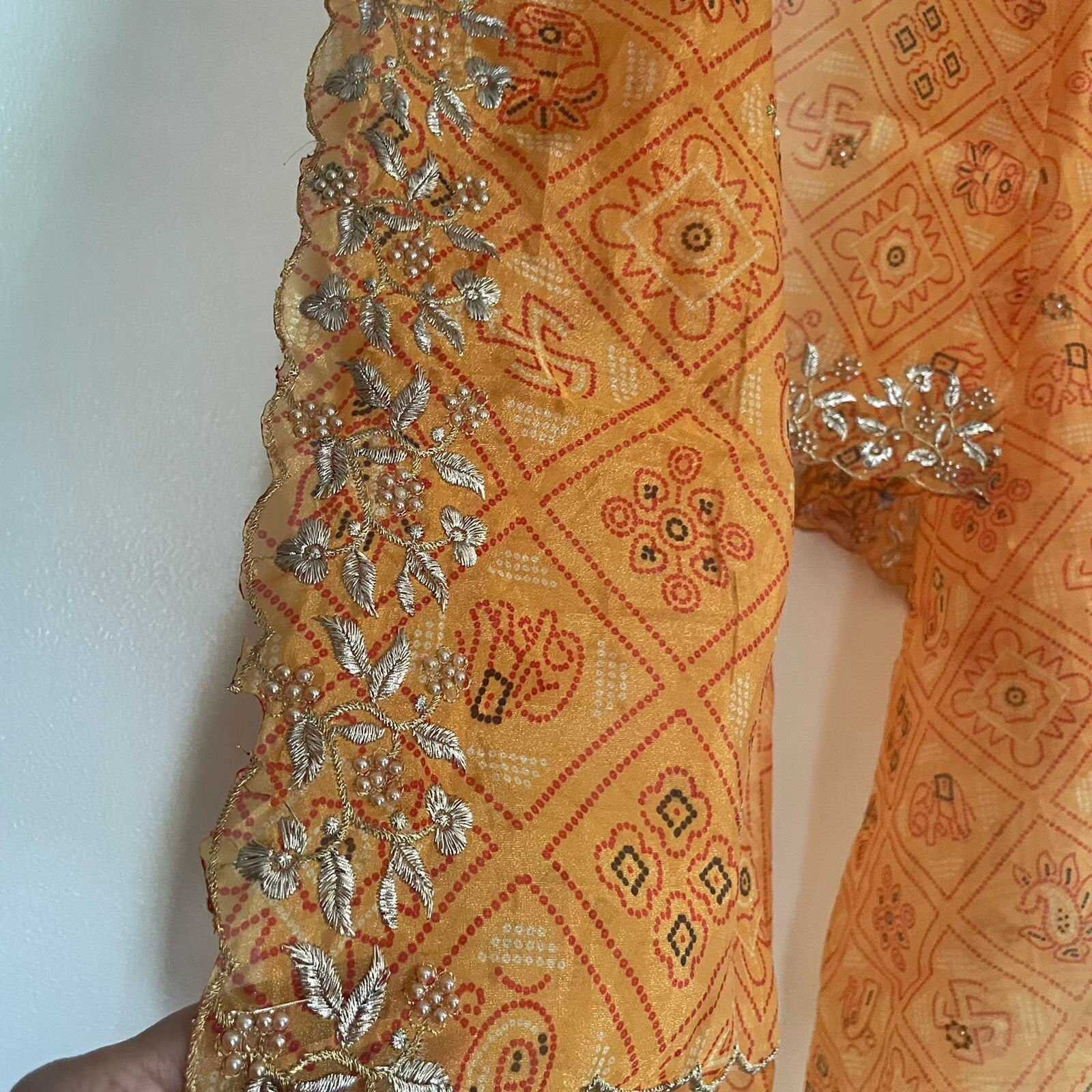 Indian dupatta printed bandhani organza sheer dupatta with beaded border embroidery scallop. - Neel Creations By Saanvi