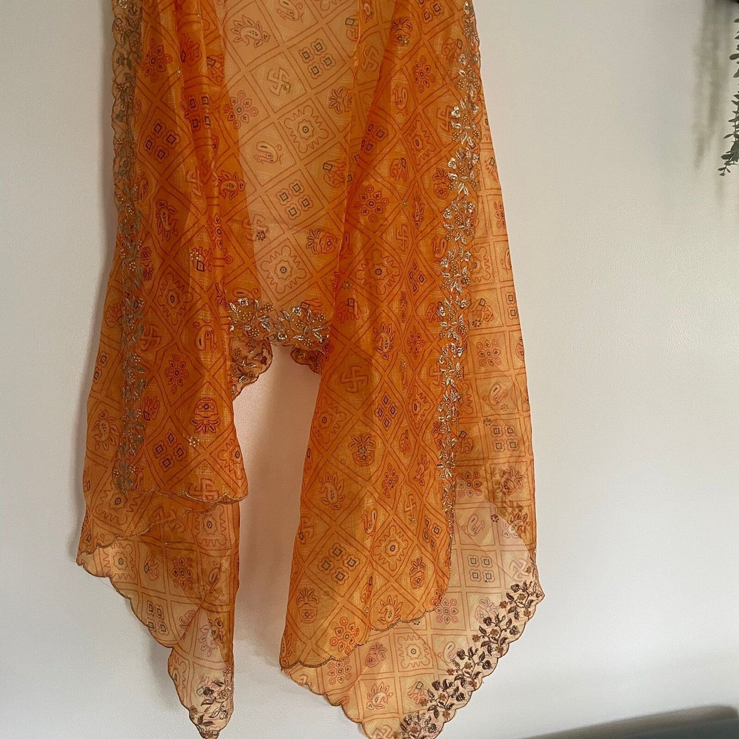 Indian dupatta printed bandhani organza sheer dupatta with beaded border embroidery scallop. - Neel Creations By Saanvi